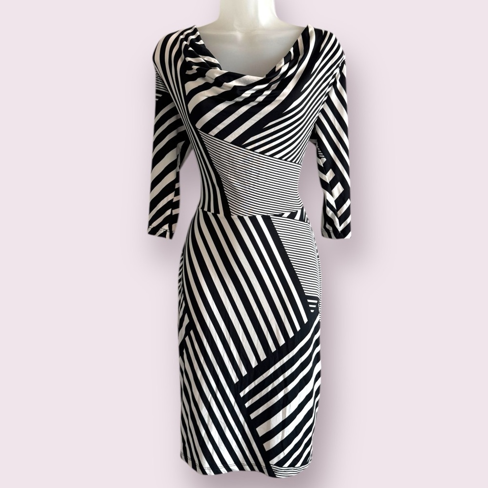 Black White Striped Knit Office Dress Cowl Neck Size M